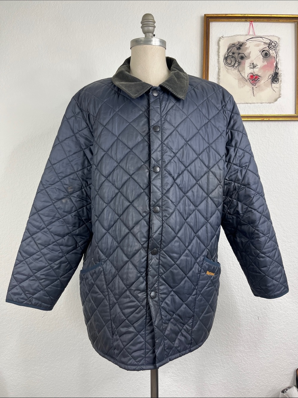 Barbour Liddesdale Navy Quilted Jacket Contrast Corduroy Collar VTG